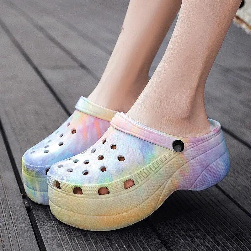 Summer Women Clogs Quick Dry Rainbow Tie Wedges