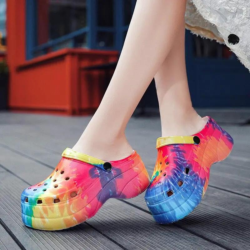 Summer Women Clogs Quick Dry Rainbow Tie Wedges