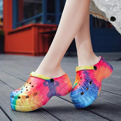 Summer Women Clogs Quick Dry Rainbow Tie Wedges