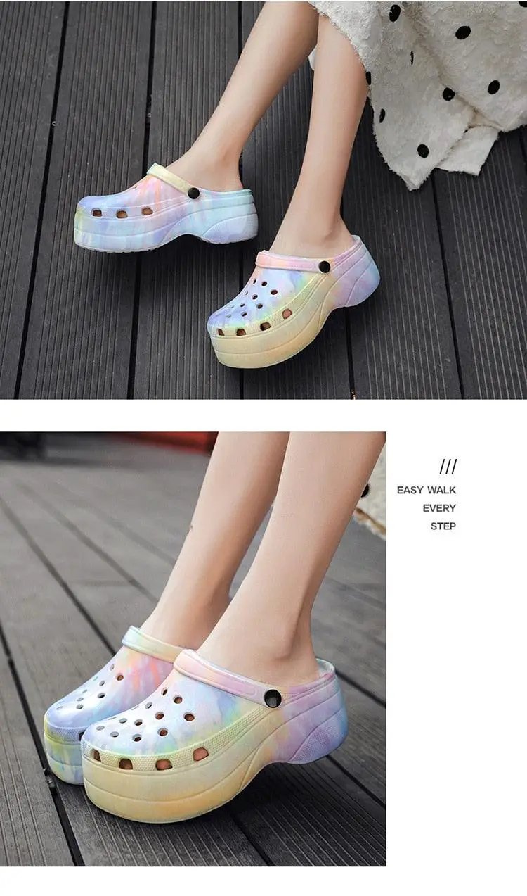 Summer Women Clogs Quick Dry Rainbow Tie Wedges