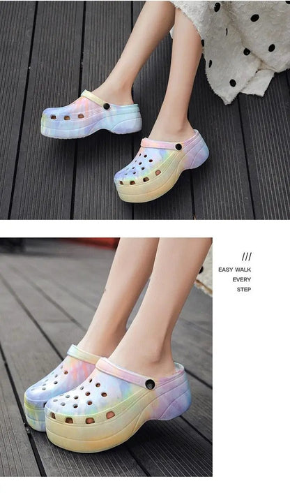 Summer Women Clogs Quick Dry Rainbow Tie Wedges