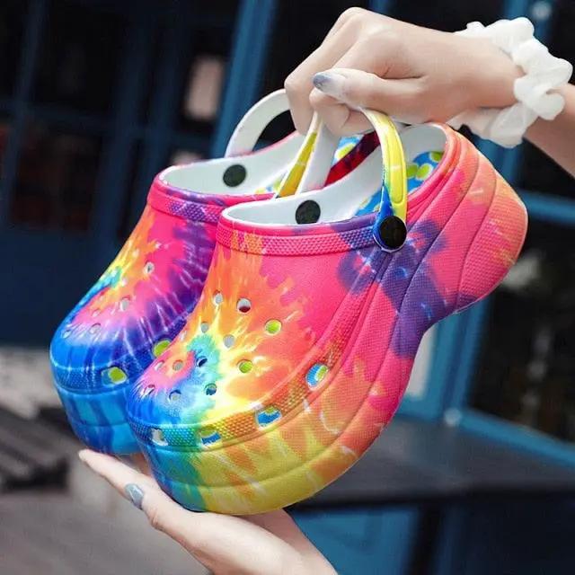 Summer Women Clogs Quick Dry Rainbow Tie Wedges