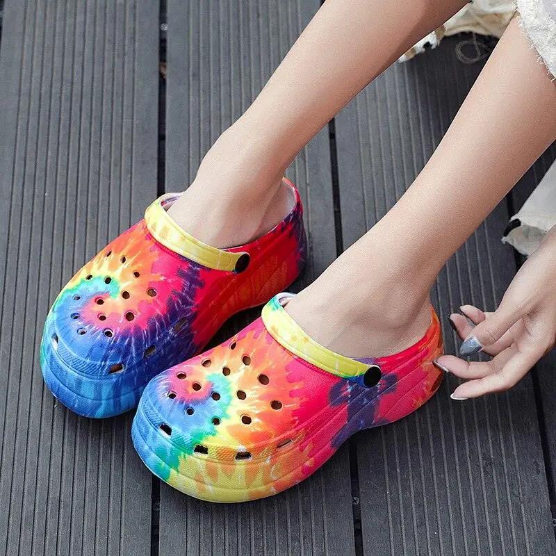 Summer Women Clogs Quick Dry Rainbow Tie Wedges