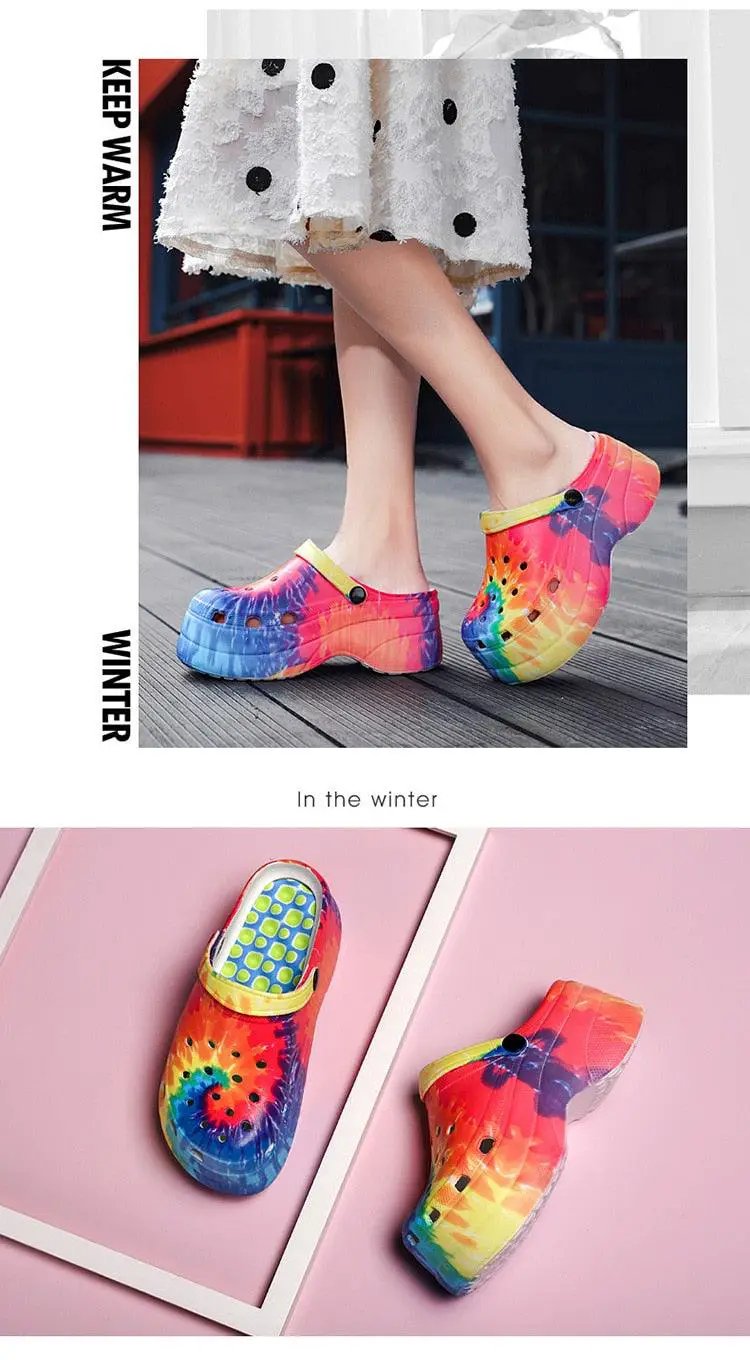 Summer Women Clogs Quick Dry Rainbow Tie Wedges