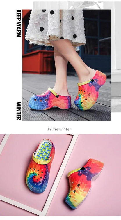 Summer Women Clogs Quick Dry Rainbow Tie Wedges