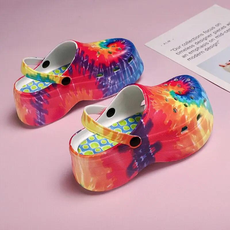 Summer Women Clogs Quick Dry Rainbow Tie Wedges