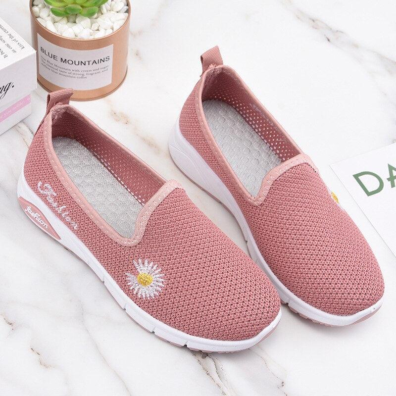 Fashion Women Mesh Platform Shoes Stevvex pink slip-on sneakers with daisy embroidery white sole on Tampa Home & Garden Store