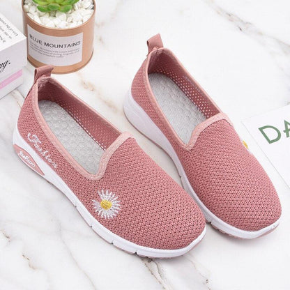 Fashion Women Mesh Platform Shoes Stevvex pink slip-on sneakers with daisy embroidery white sole on Tampa Home & Garden Store