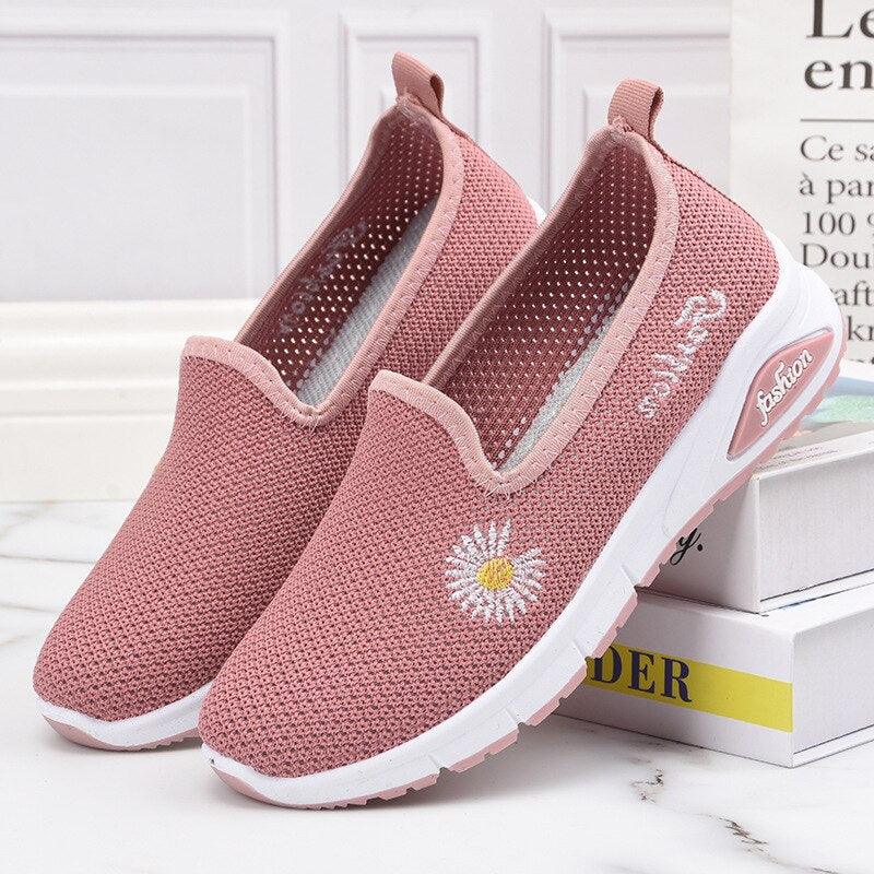 Stevvex pink mesh platform sneakers with daisy embroidery slip-on casual walking shoes on Tampa Home & Garden Store