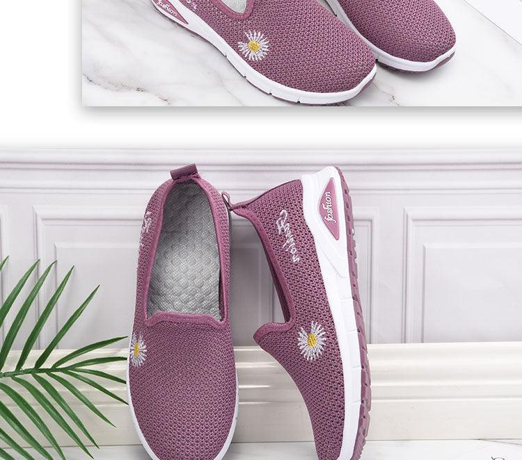 Fashion Women Mesh Platform Casual Walking Shoes purple slip-on with daisies 2 shown on Tampa Home & Garden Store