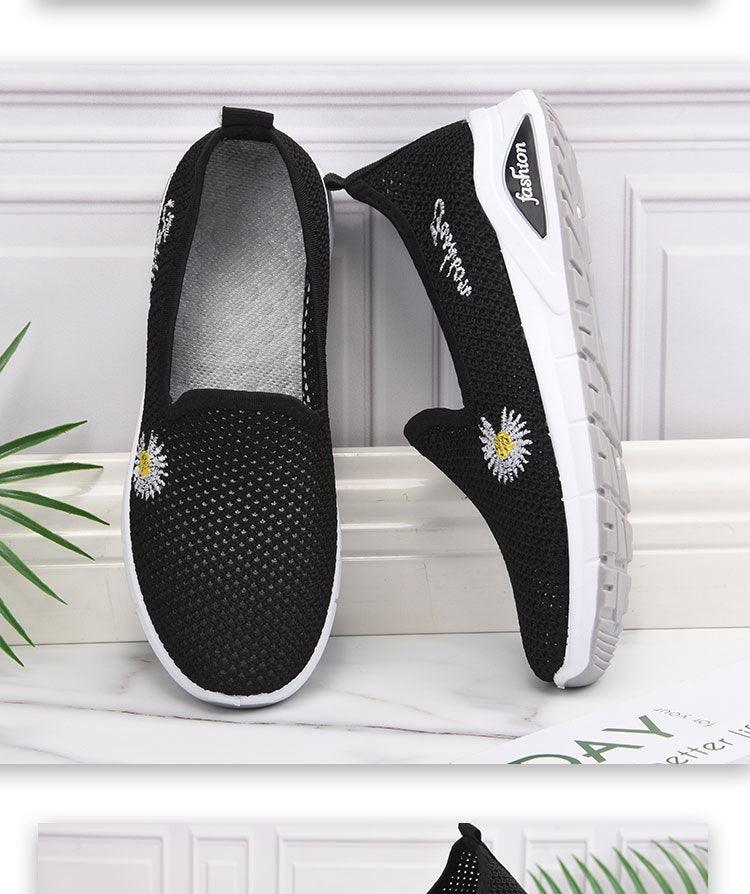 Fashion Women Mesh Shoes Stevvex black knit upper with daisy embroidery white sole sneakers pair on Tampa Home & Garden Store