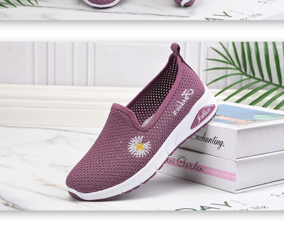 Fashion Women Mesh Platform Sneakers Stevvex, purple knit upper with daisy and white sole on Tampa Home & Garden Store
