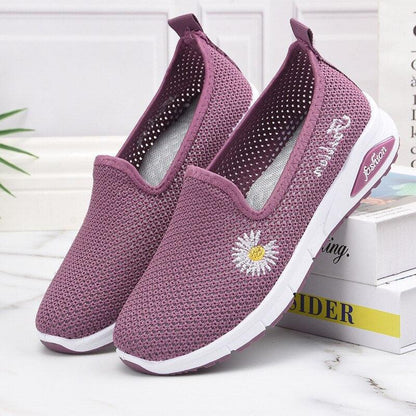 Stevvex women's mesh platform sneakers in purple with daisy embroidery, slip-on, white sole on Tampa Home & Garden Store