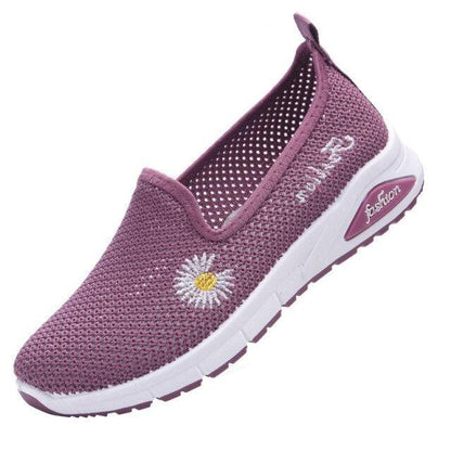 Stevvex fashion women mesh platform sneakers purple knit slip-on with daisy embroidery white sole on Tampa Home & Garden Store