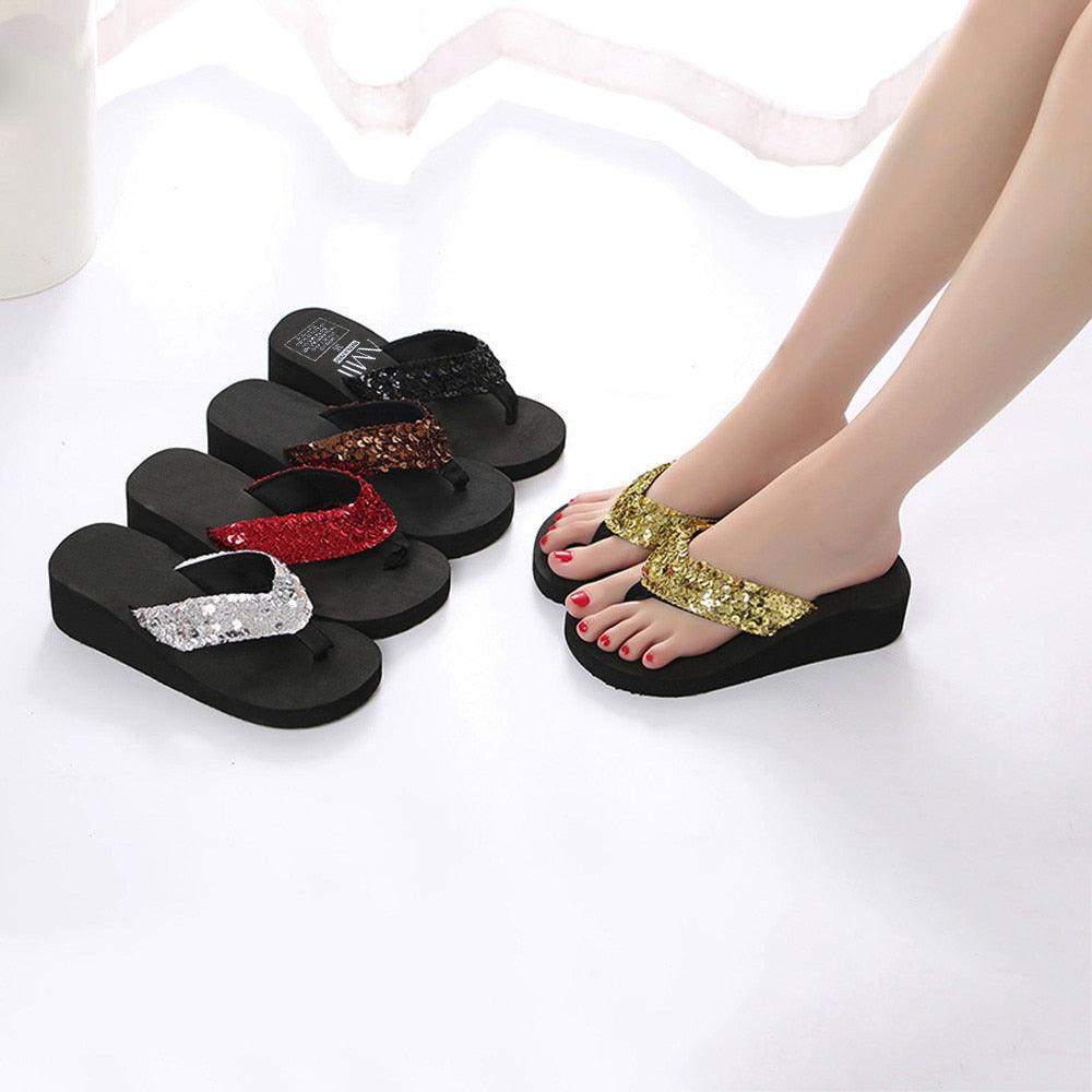 Stevvex sequin flip flop sandals with black sole; five glitter straps open-toe beach slides on Tampa Home & Garden Store