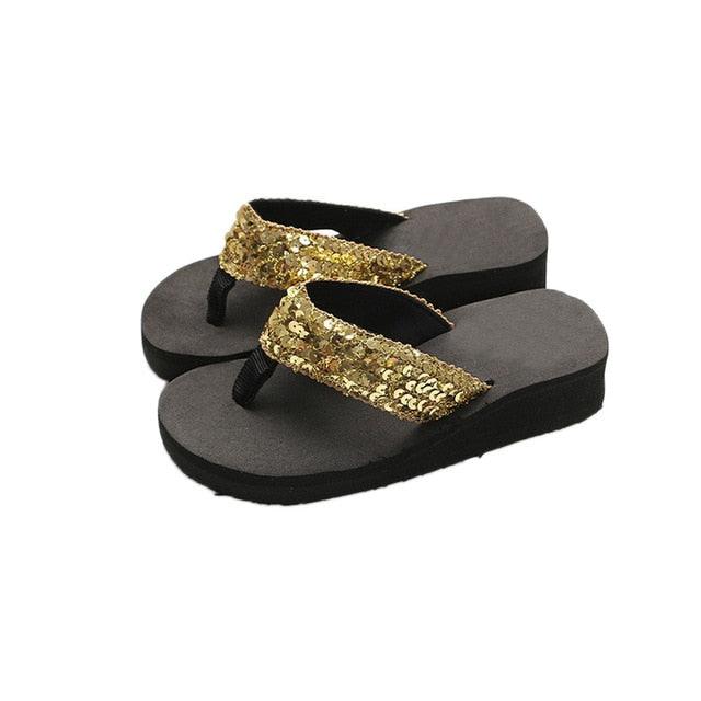 Stevvex gold sequin flip flops with gray footbed and black sole on Tampa Home & Garden Store