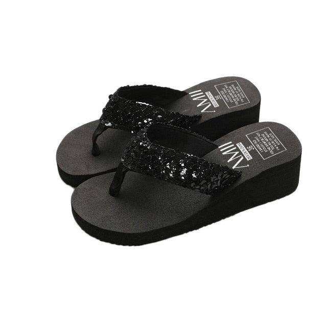 Stevvex black sequin platform flip flops pair with thong strap open toe sandals on Tampa Home & Garden Store