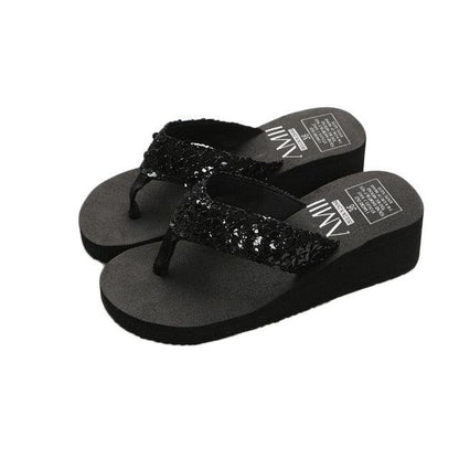 Stevvex black sequin platform flip flops pair with thong strap open toe sandals on Tampa Home & Garden Store