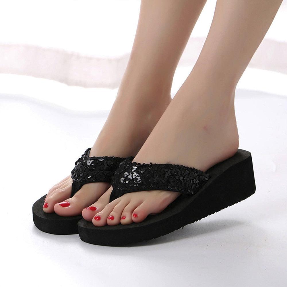 Stevvex black sequin toe-strap wedge sandals with platform open toe on Tampa Home & Garden Store