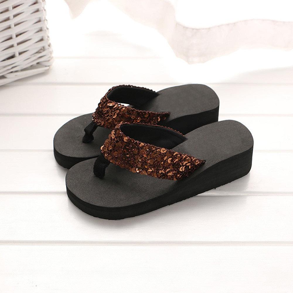 Stevvex women's sequined flip flops with brown sequin strap and black wedge open-toe sandals on Tampa Home & Garden Store