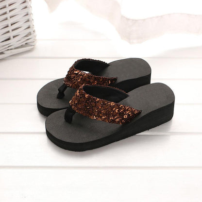 Stevvex women's sequined flip flops with brown sequin strap and black wedge open-toe sandals on Tampa Home & Garden Store