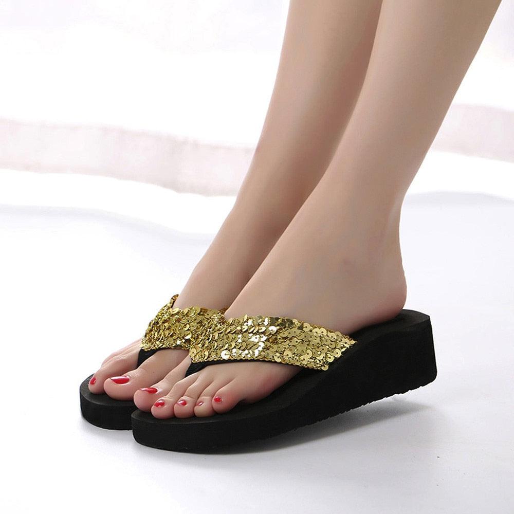 Women’s flip flops Stevvex with gold sequin strap, black platform sole, open-toe glitter sandals on Tampa Home & Garden Store