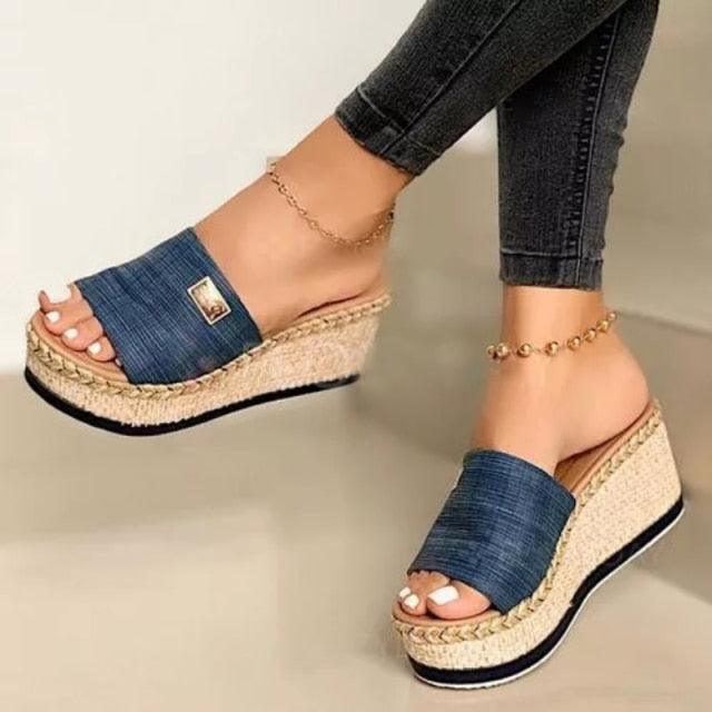 Stevvex denim platform sandals pair with blue denim straps and jute espadrille wedge on Tampa Home & Garden Store