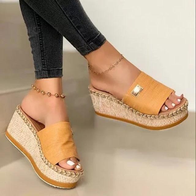 Stevvex women's orange platform wedge sandals with open toe and braided jute sole on Tampa Home & Garden Store