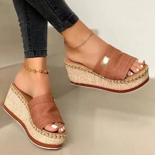 Stevvex platform sandals with brown canvas straps, jute-wrapped wedge espadrille sole on Tampa Home & Garden Store