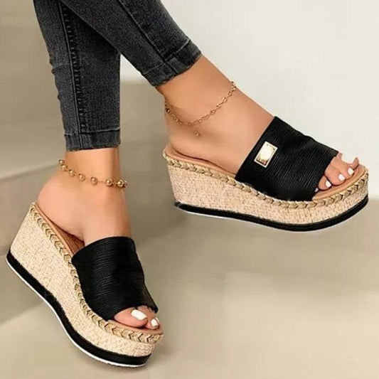 Stevvex women's platform wedge sandals with black strap and jute-wrapped sole pair on Tampa Home & Garden Store