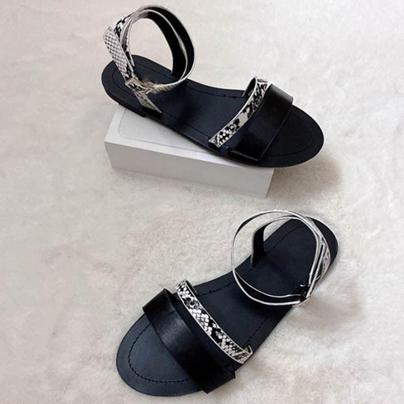 Stevvex black flat sandals with open toe, snakeskin strap, ankle wrap, two sandals on Tampa Home & Garden Store