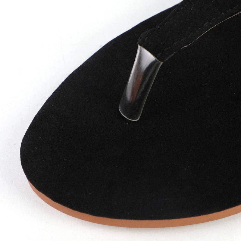 Stevvex black suede sandal open-toe flat with ankle strap tan sole on Tampa Home & Garden Store