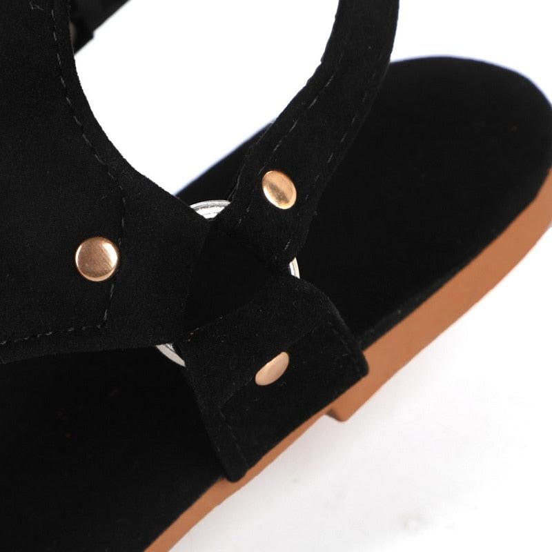 Stevvex black suede ankle-strap sandals with gold rivets and bow knot, open-toe flat sandal on Tampa Home & Garden Store