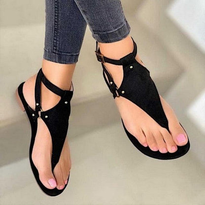 Stevvex black open-toe flat sandals with ankle buckle strap on Tampa Home & Garden Store