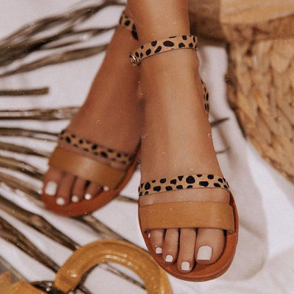 Stevvex women's sandals tan open-toe flats with leopard-print ankle strap and adjustable buckle on Tampa Home & Garden Store