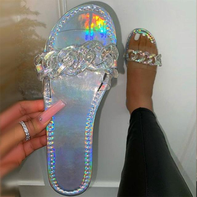 Iridescent metal chain slide sandals for women Stevvex with clear chain strap open toe pair on Tampa Home & Garden Store