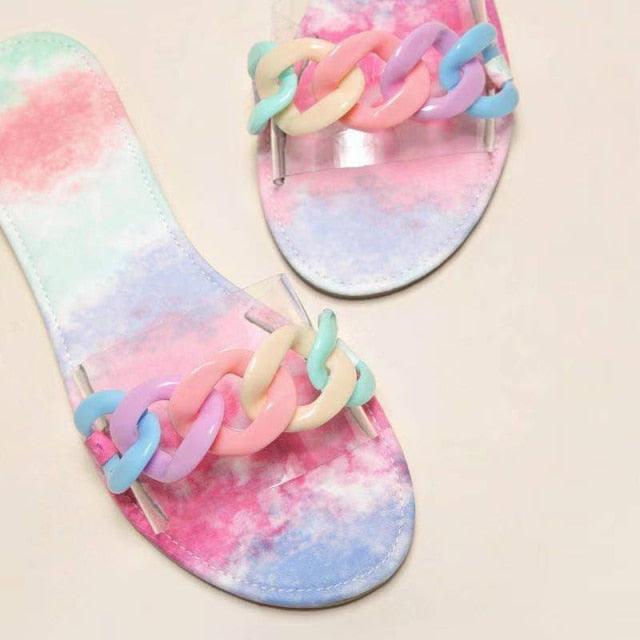 Stevvex pastel chain-strap sandals with square-toe open-toe flat slides, tie-dye footbed on Tampa Home & Garden Store