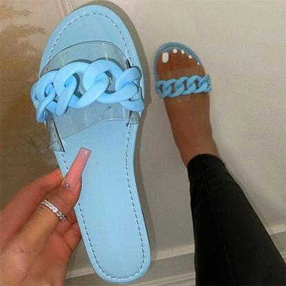 Stevvex light-blue chain-strap sandal with clear strap, open-toe, two blue slides shown on Tampa Home & Garden Store