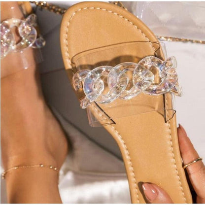 Stevvex Summer Women Slippers Flat Sandal with clear iridescent bead chain square toe tan footbed on Tampa Home & Garden Store