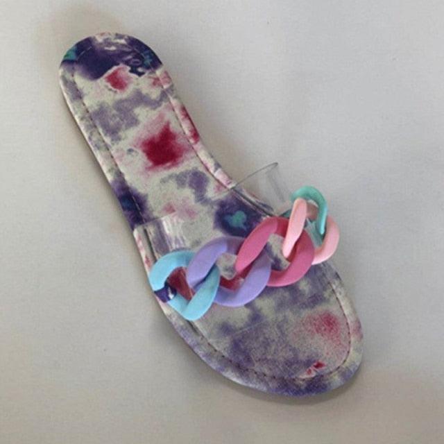 Stevvex women's slide sandal with pastel chain-link strap on tie-dye sole open toe beach sandal on Tampa Home & Garden Store
