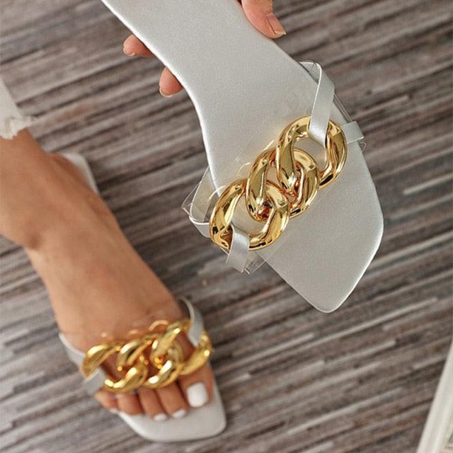 Women's gray square-toe sandals with chunky gold chain strap open-toe slip-on on Tampa Home & Garden Store