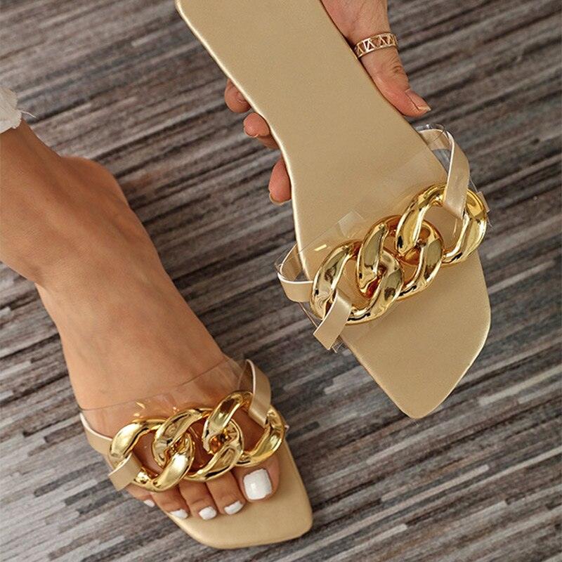Stevvex beige sandals with clear toe strap and chunky gold chain across strap; square toe flats on Tampa Home & Garden Store