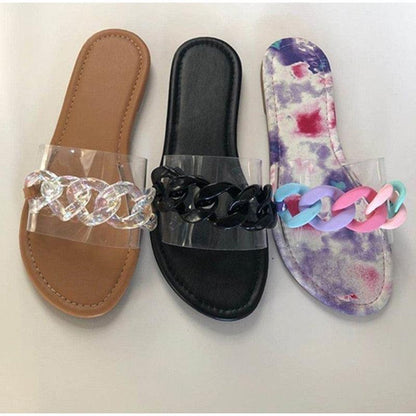 Stevvex sandals set of three: tan, black, and tie-dye open-toe flats with chain straps on Tampa Home & Garden Store
