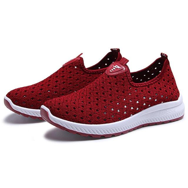 Stevvex red mesh slip-on sneakers with breathable upper and white sole on Tampa Home & Garden Store