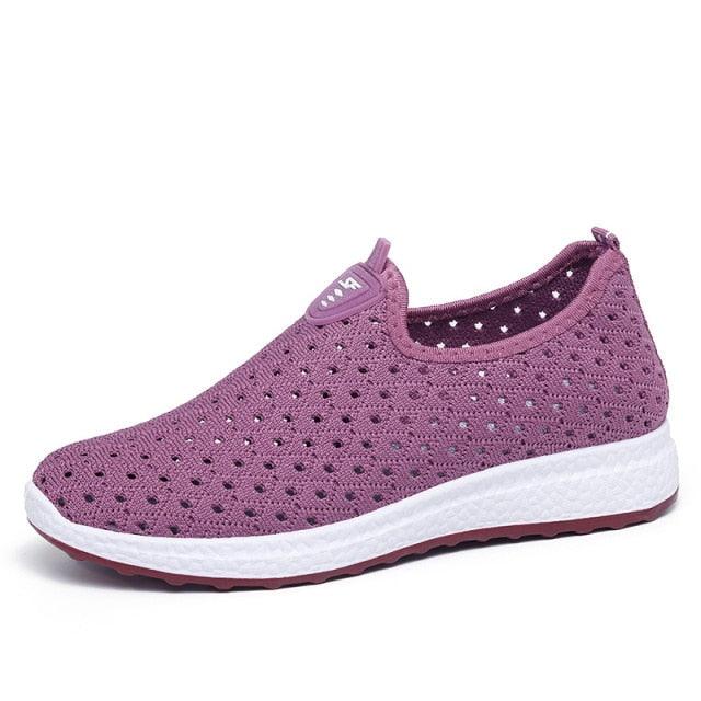 Stevvex purple mesh slip-on sneakers, breathable lightweight walking shoes with white midsole on Tampa Home & Garden Store