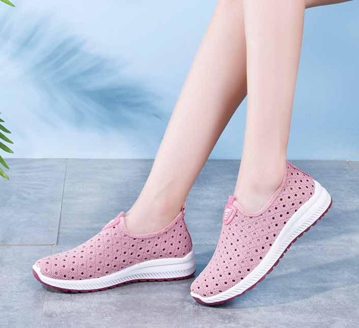 Stevvex pink perforated mesh sneakers slip-on with white sole, lightweight women's shoes on Tampa Home & Garden Store