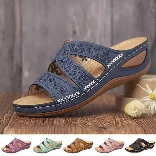 Stevvex women's navy open-toe sandal with floral cutout straps and arch support on Tampa Home & Garden Store