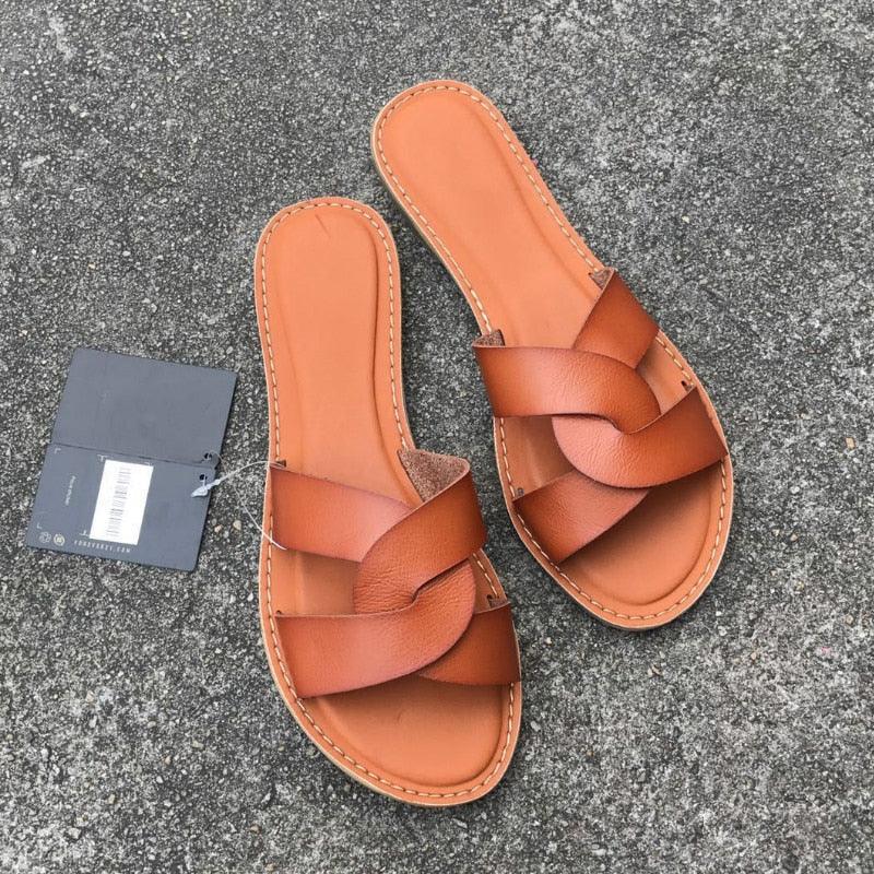 Stevvex leather cross-strap sandals pair brown tan casual flat slides for women on Tampa Home & Garden Store