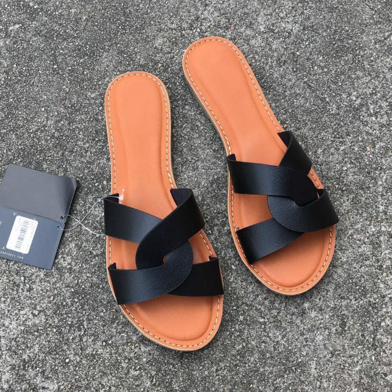 Stevvex women's cross-strap leather sandals black straps tan footbed on Tampa Home & Garden Store