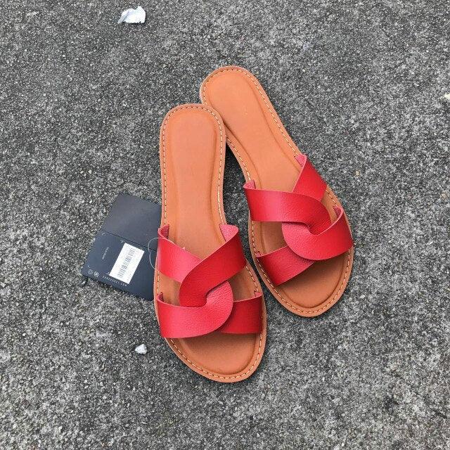 Stevvex red leather cross-strap flat sandals for women, pair of slip-on beach slides on Tampa Home & Garden Store